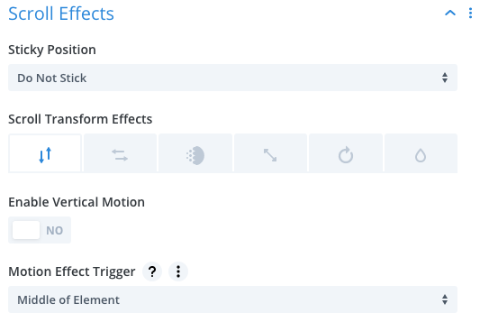 Divi section scroll effects settings