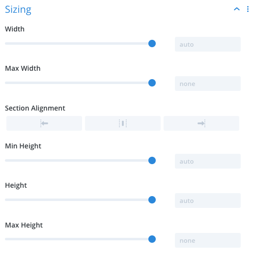 Divi section sizing settings