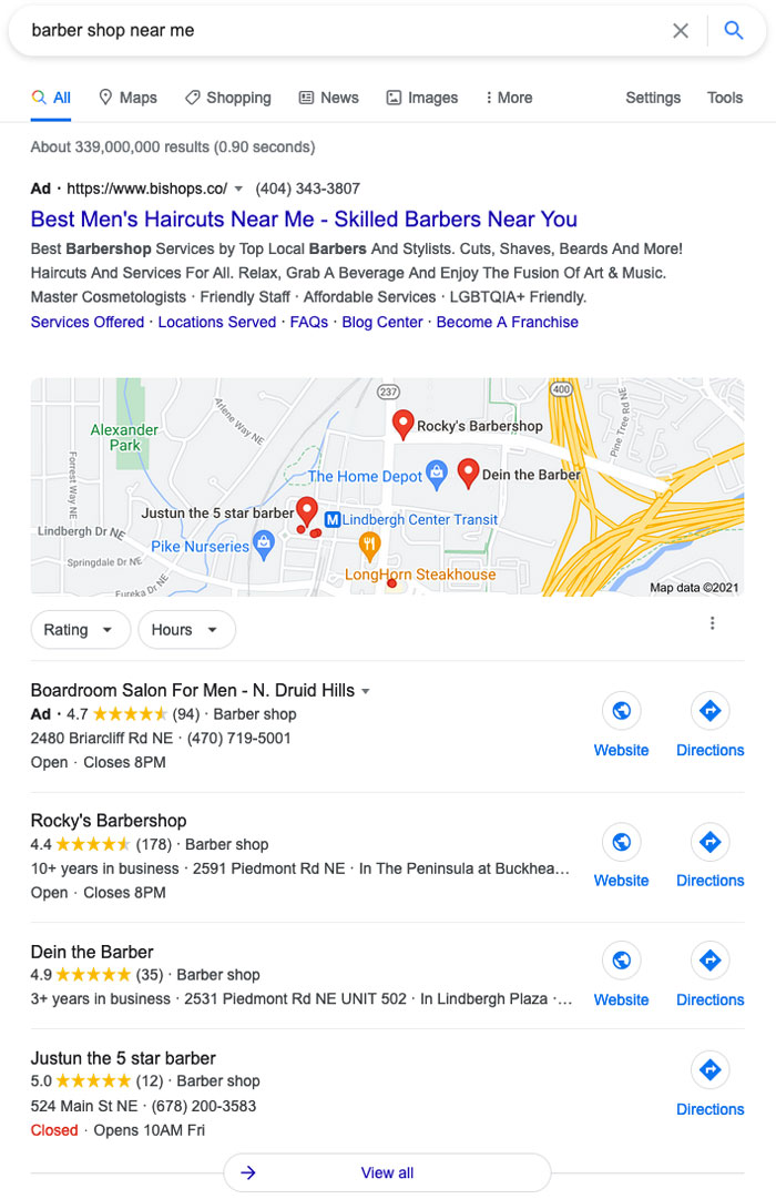 screenshot of a google search for "barber shop near me"